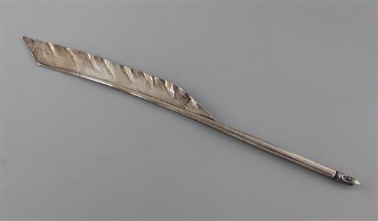 A late William IV silver quill pen by Charles Reily & George Storer, overall 9.25in.